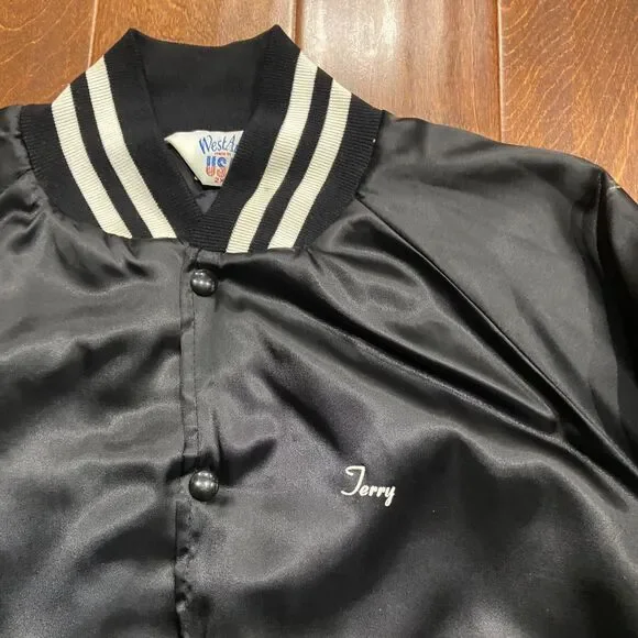 West Ark Vintage 70s 80s Central Indiana Warehouse Bomber Jacket Black Mens 2XL - Picture 2 of 10